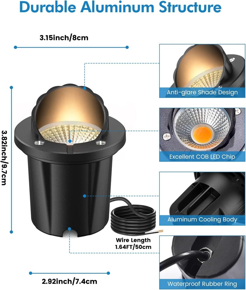 HIBOITEC 12 حزمة إضاءة المناظر الطبيعية منخفضة الجهد 12-24 فولت 12 واط LED خارجية في الأرض IP67 مقاومة للماء أضواء بئر 3000 كلفن ضوء أبيض دافئ مع موصلات سلكية للممرات وحدائق الأسوار والأرصفة - Image 2